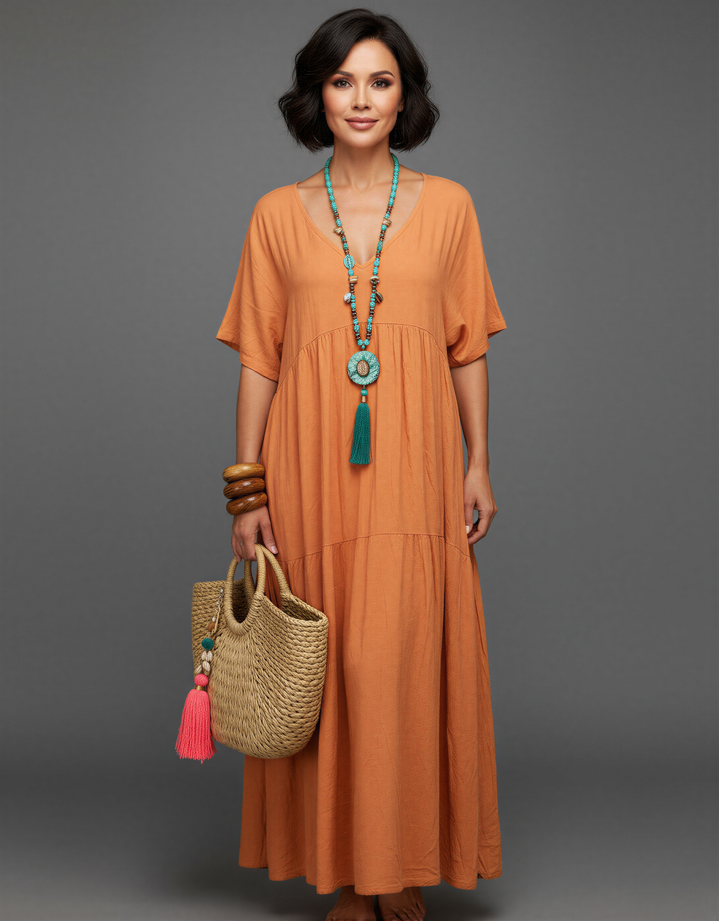 Plus Size Relaxed Fit Bohemian V-Neck Maxi Dress for Women 40+ – Comfortable Tiered Design