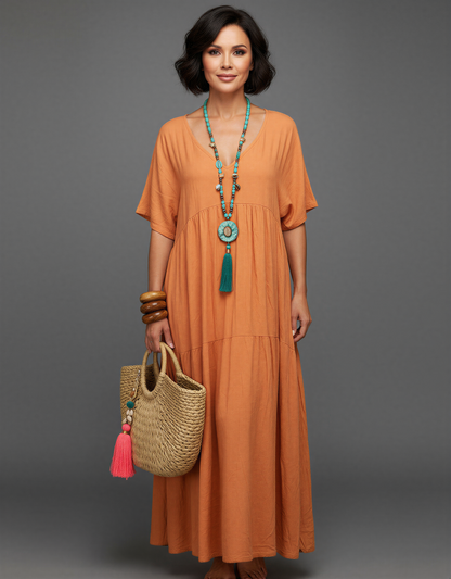 Plus Size Relaxed Fit Bohemian V-Neck Maxi Dress for Women 40+ – Comfortable Tiered Design