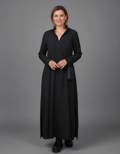 Black and Dark Green Long Sleeve Maxi Dress with Side Slits for Women - Elegant Comfort and Style