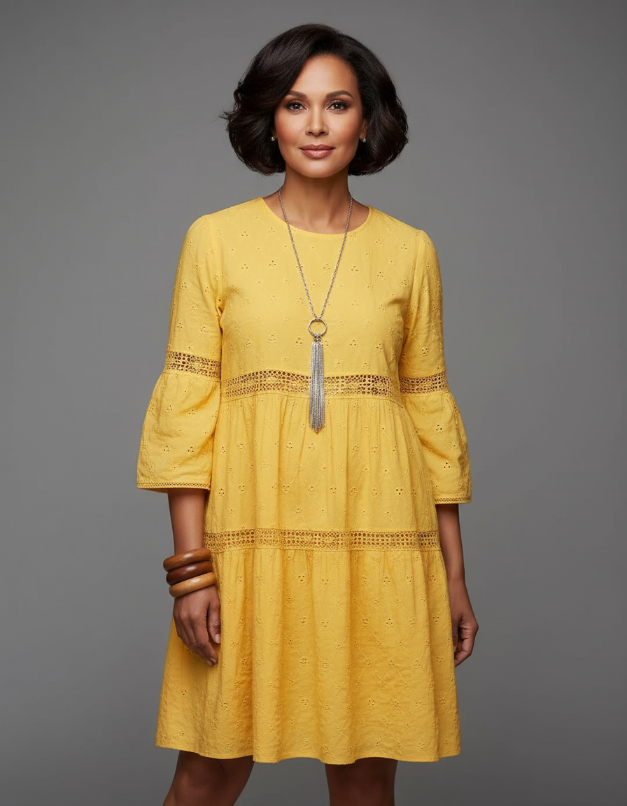 Plus Size Elegant Eyelet Lace Maxi Dress with 3/4 Sleeves – 40+ Collection