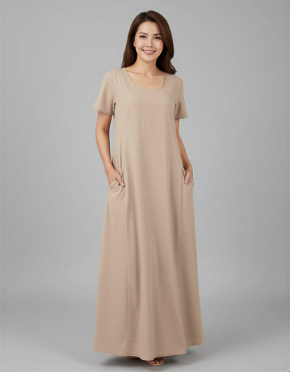 Elegant Plus Size Short Sleeve Maxi Dress with Hidden Pockets for Women 40+