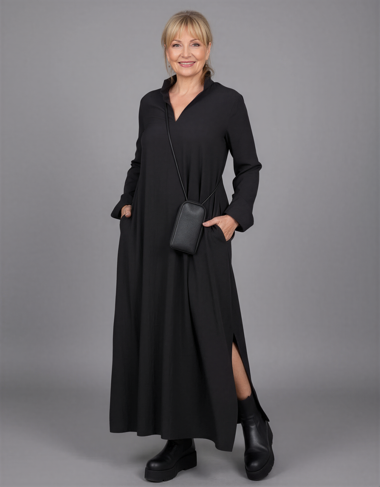 Black and Dark Green Long Sleeve Maxi Dress with Side Slits for Women - Elegant Comfort and Style
