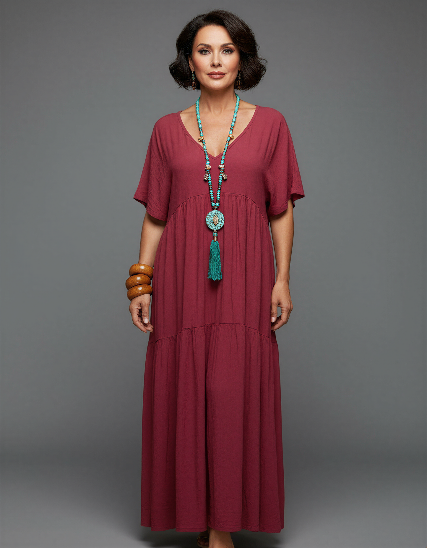 Plus Size Relaxed Fit Bohemian V-Neck Maxi Dress for Women 40+ – Comfortable Tiered Design