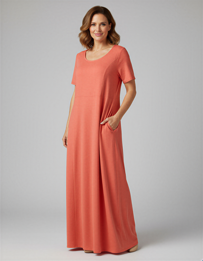Elegant Plus Size Short Sleeve Maxi Dress with Hidden Pockets for Women 40+