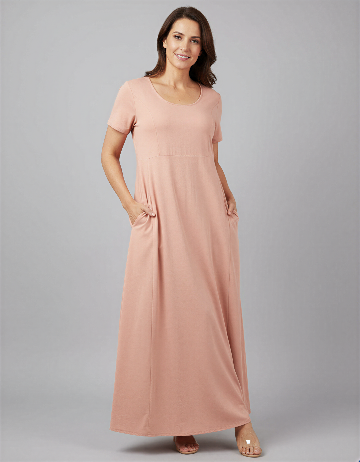 Elegant Plus Size Short Sleeve Maxi Dress with Hidden Pockets for Women 40+