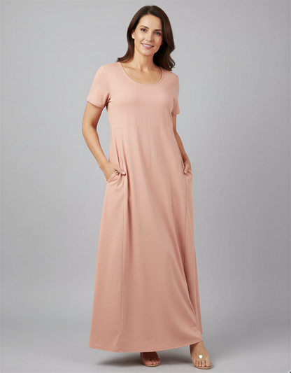 Elegant Plus Size Short Sleeve Maxi Dress with Hidden Pockets for Women 40+