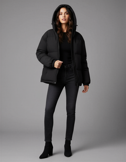 Warm Puffer Jacket with Hood – Stylish and Comfortable Winter Coat for Women – Perfect for Casual Outings and Outdoor Activities