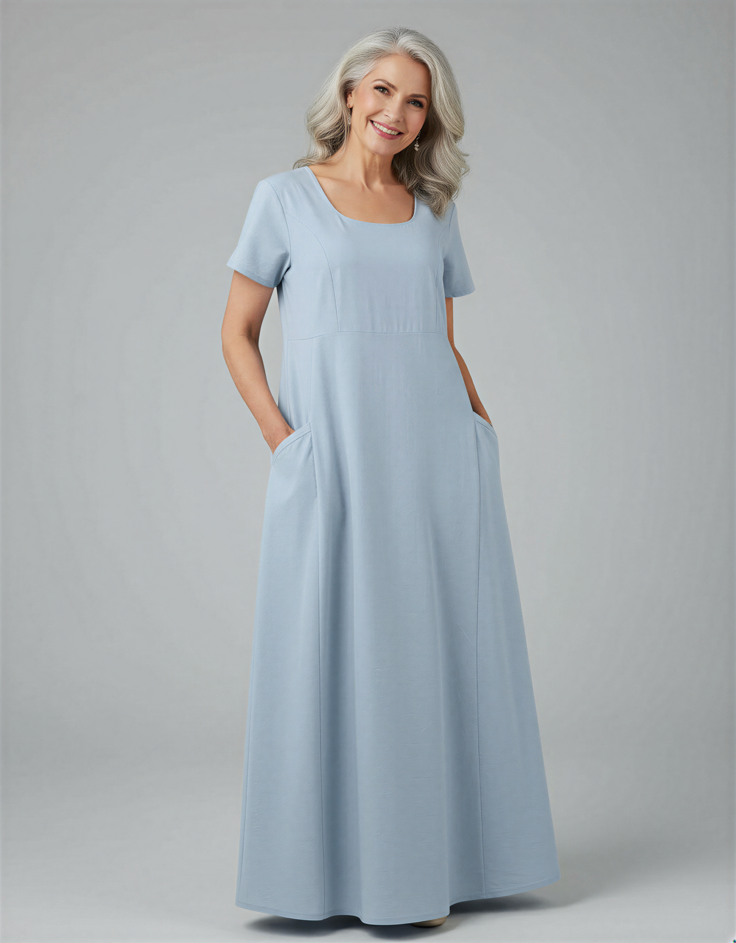 Elegant Plus Size Short Sleeve Maxi Dress with Hidden Pockets for Women 40+