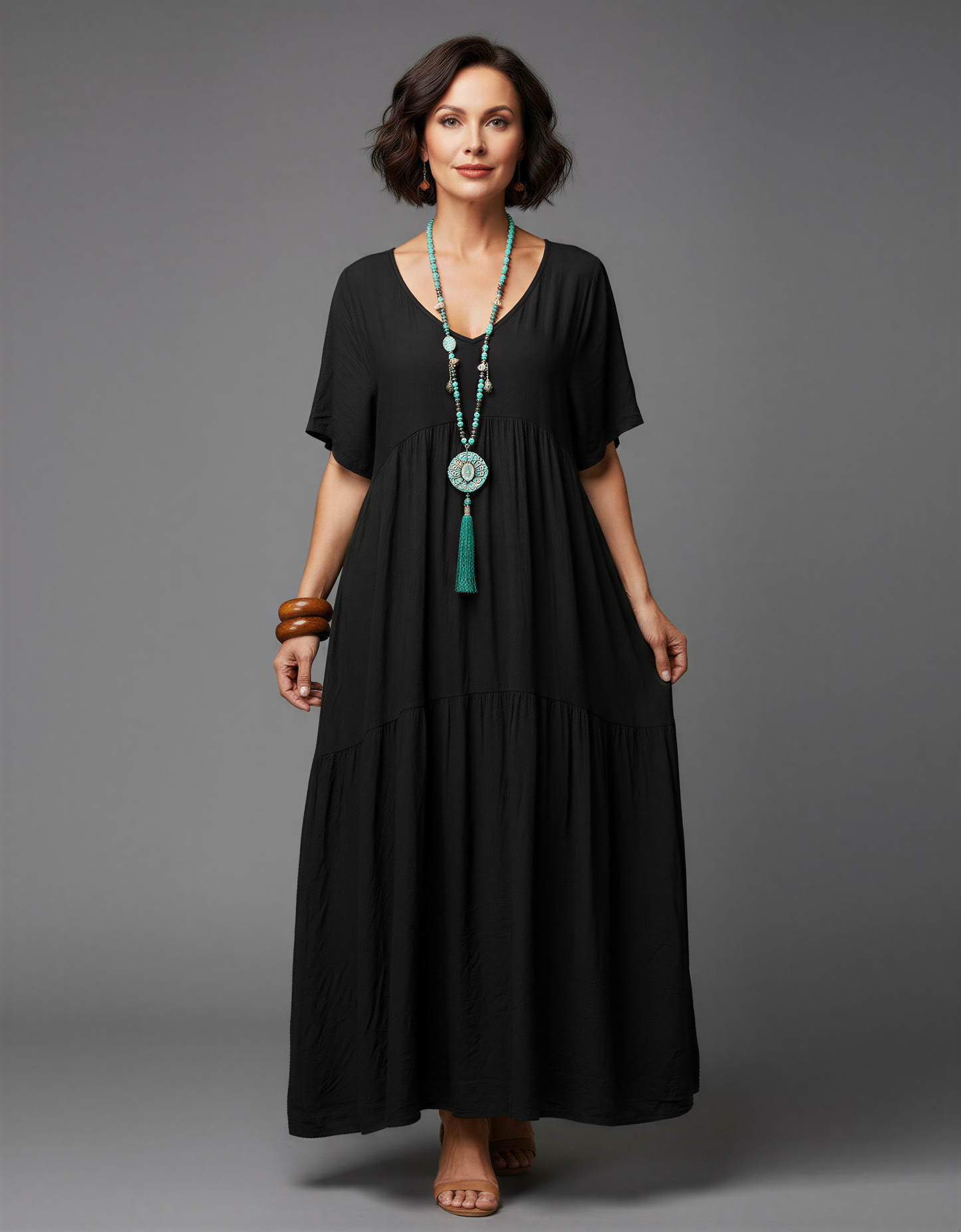 Plus Size Relaxed Fit Bohemian V-Neck Maxi Dress for Women 40+ – Comfortable Tiered Design