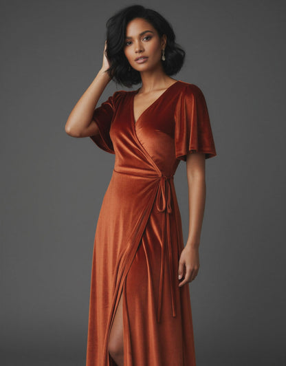 Rust Velvet Wrap Maxi Dress – Long Bell Sleeve True Wrap Gown with Tulip Hem | Zalvare