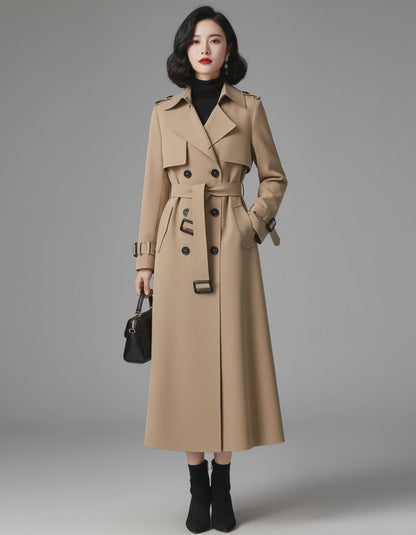 Women’s Classic Belted Trench Coat – Long Double Breasted Water Resistant Stylish Winter Coat