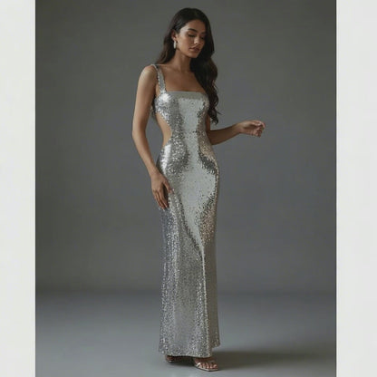 Sparkling Glitter Sequin Gown - Open-Back Bodycon Maxi for Red Carpet Moments, Galas & Formal Holiday Parties
