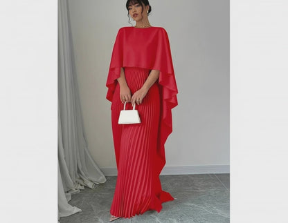 Batwing Sleeve Pleated Maxi Dress – Elegant Cape Overlay Long Evening Gown for Women – Formal Pleated A-Line Dress