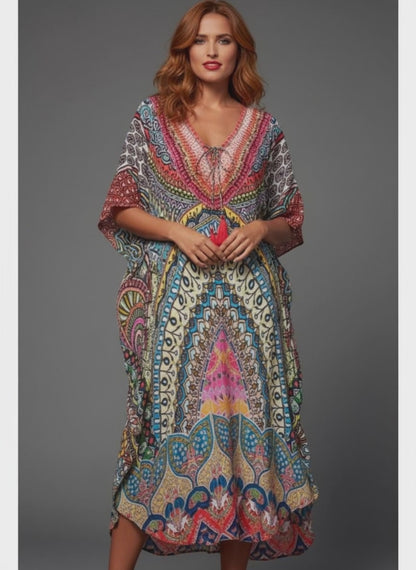 Vibrant Mandala Print Kaftan Dress | V-Neck Tassel Tie Midi Caftan