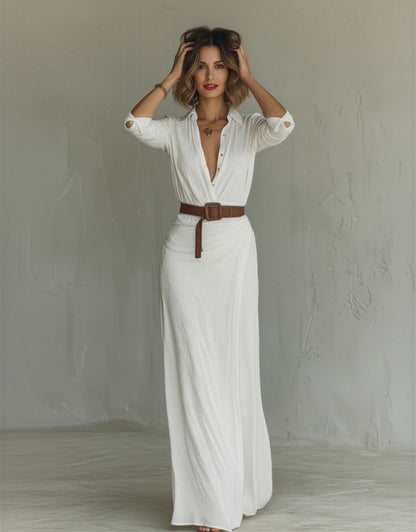 Long Sleeve Draped Shirt Dress | V-Neck Button Down Maxi