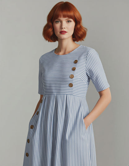 Striped Button Down Midi Dress – Women’s Cotton Casual Summer Dress with Pockets, Short Sleeves, Vintage-Inspired