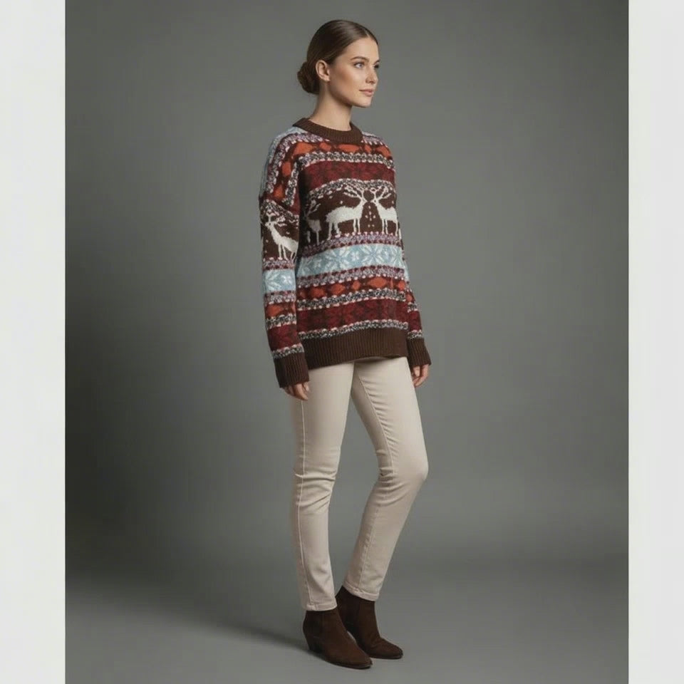 Women's Deer Print Christmas Sweater | Oversized 2025 Jacquard Knit Pullover for Holiday Parties