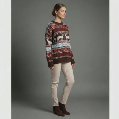 Women's Deer Print Christmas Sweater | Oversized 2025 Jacquard Knit Pullover for Holiday Parties