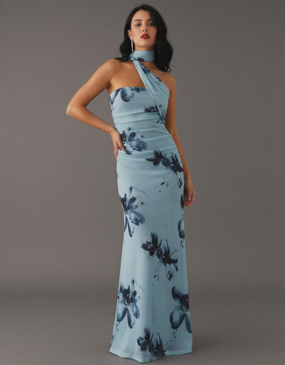 Blue Floral Halter Neck Maxi Dress Side Tie Holiday Party NYE Ruched Formal Evening Dress Women
