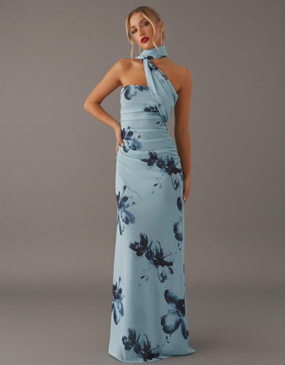 Blue Floral Halter Neck Maxi Dress Side Tie Holiday Party NYE Ruched Formal Evening Dress Women