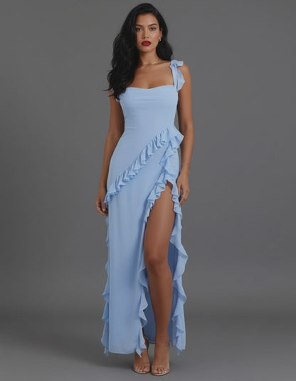 Chain Cutout Deep V Maxi Dress Backless Tie Detail Holiday Party NYE Formal Evening Gown Women