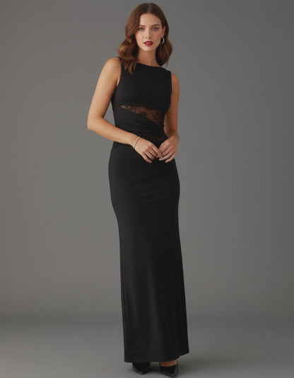 Lace Panel Bodycon Maxi Dress Sheer Insert Sleeveless Holiday Party NYE Formal Evening Gown Women