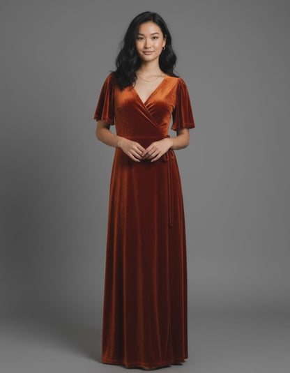Rust Velvet Wrap Maxi Dress – Long Bell Sleeve True Wrap Gown with Tulip Hem | Zalvare