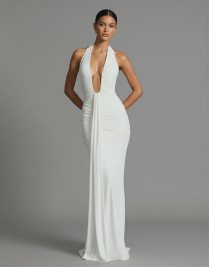 Ruched Halter Maxi Dress Deep Plunge Tie Back Holiday Party NYE Formal Evening Gown Women