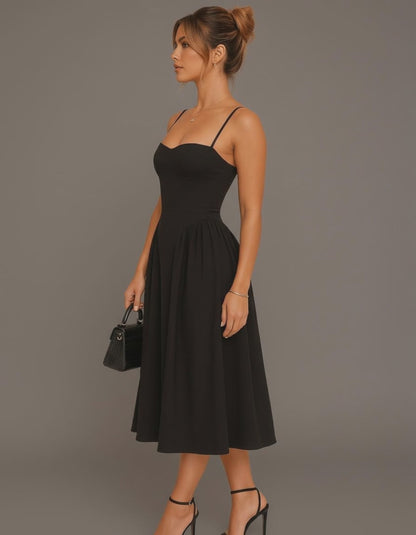 Pleated Elegant Black Sweetheart Neckline Midi Dress with Spaghetti Straps and Flared Pleated Skirt – Timeless Fit-and-Flare Silhouette for Holiday Parties and Formal EventsSkater Midaxi Dress