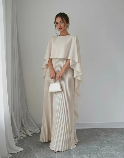 Batwing Sleeve Pleated Maxi Dress – Elegant Cape Overlay Long Evening Gown for Women – Formal Pleated A-Line Dress