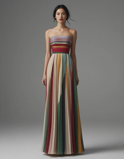 Boho Maxi Dress Colorful Pleated Strapless Formal Gown – Rainbow Summer Wedding Guest Flowy Evening Dress
