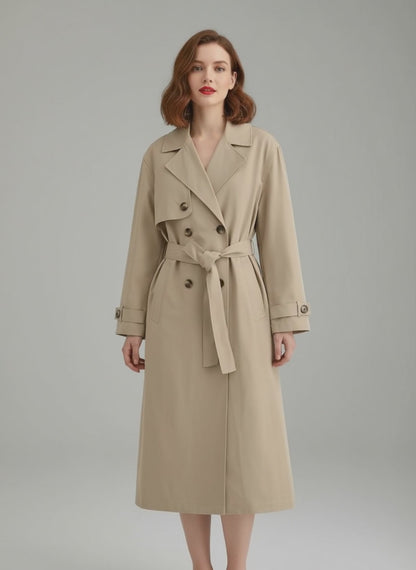 Women's Trench Coat – Water-Repellent, Beige/Khaki, Knee-Length