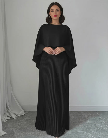 Batwing Sleeve Pleated Maxi Dress – Elegant Cape Overlay Long Evening Gown for Women – Formal Pleated A-Line Dress