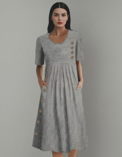 Striped Button Down Midi Dress – Women’s Cotton Casual Summer Dress with Pockets, Short Sleeves, Vintage-Inspired