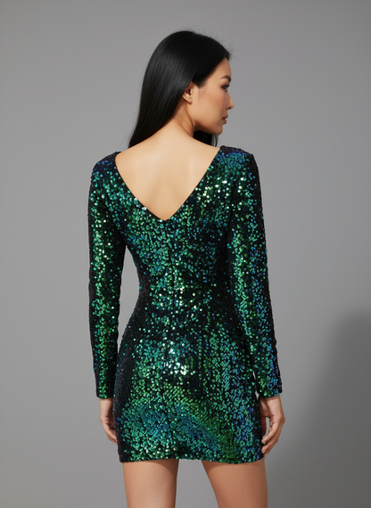 Emerald Green Sequin Bodycon Party Dress – Long Sleeve Sparkle Mini Dress