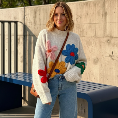 Women's Floral Knit Pullover, Chunky 3D Flower Sweater, Cozy Jumper, Long Sleeve, Crew Neck, Winter Fashion, Statement Top