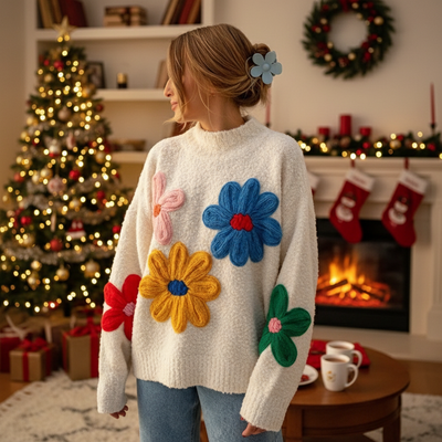 Women's Floral Knit Pullover, Chunky 3D Flower Sweater, Cozy Jumper, Long Sleeve, Crew Neck, Winter Fashion, Statement Top