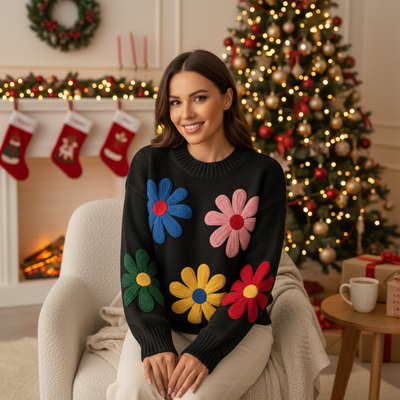 Women's Floral Knit Pullover, Chunky 3D Flower Sweater, Cozy Jumper, Long Sleeve, Crew Neck, Winter Fashion, Statement Top