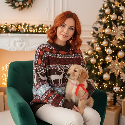 Women's Deer Print Christmas Sweater | Oversized 2025 Jacquard Knit Pullover for Holiday Parties