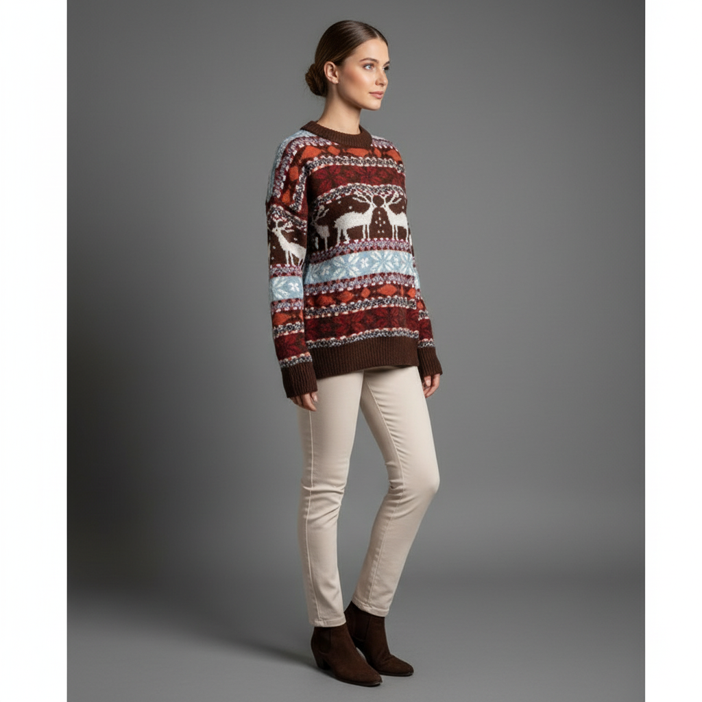 Women's Deer Print Christmas Sweater | Oversized 2025 Jacquard Knit Pullover for Holiday Parties