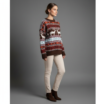 Women's Deer Print Christmas Sweater | Oversized 2025 Jacquard Knit Pullover for Holiday Parties