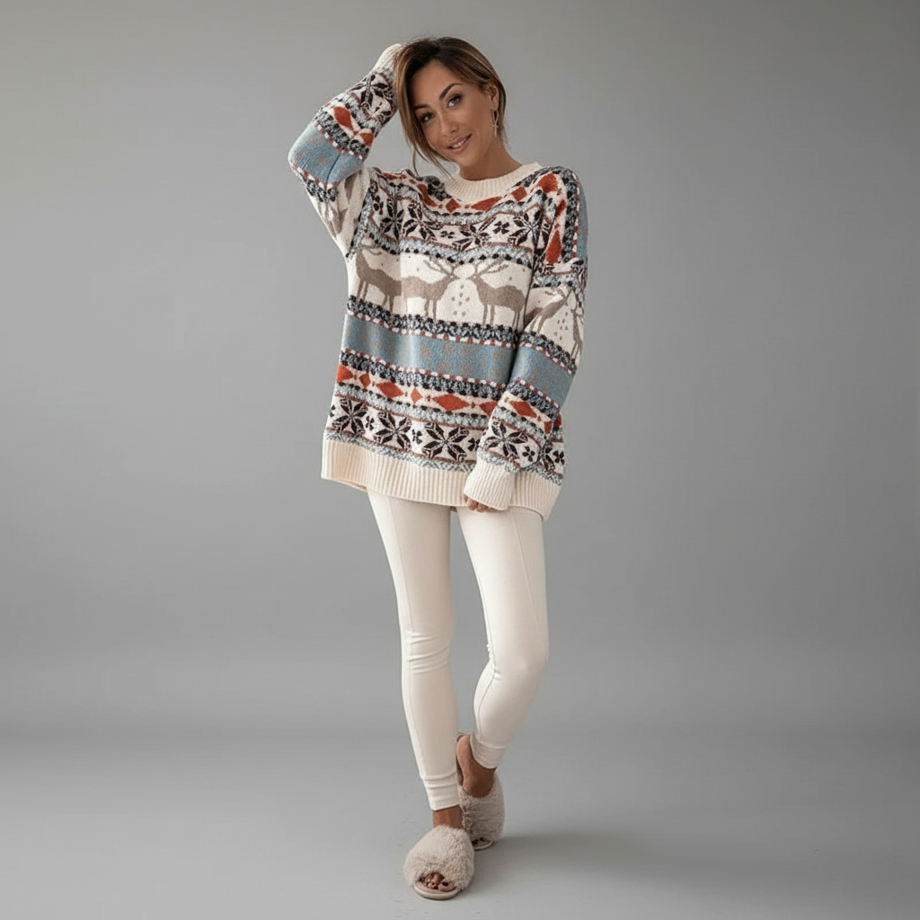 Women's Deer Print Christmas Sweater | Oversized 2025 Jacquard Knit Pullover for Holiday Parties