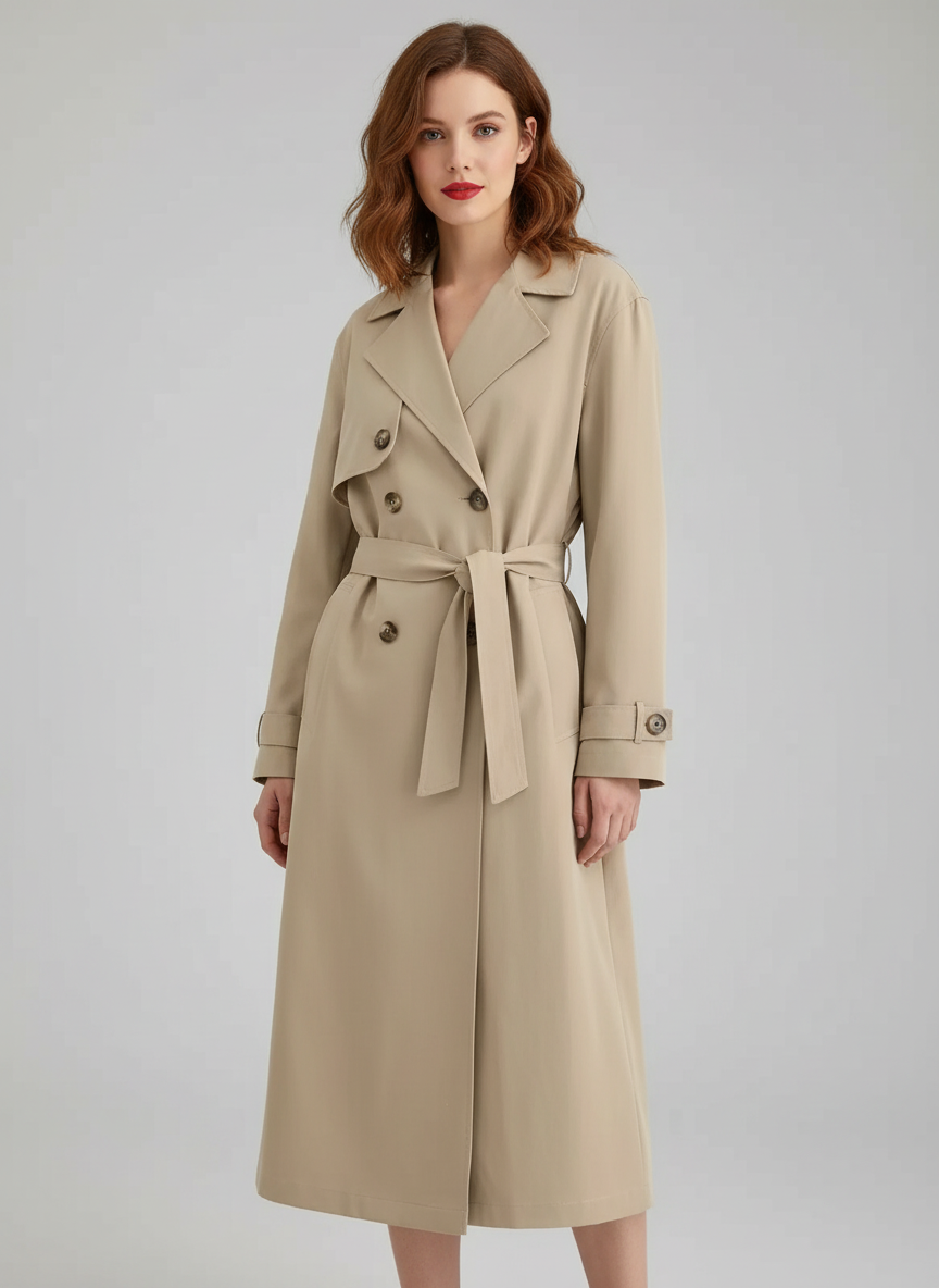 Women's Trench Coat – Water-Repellent, Beige/Khaki, Knee-Length
