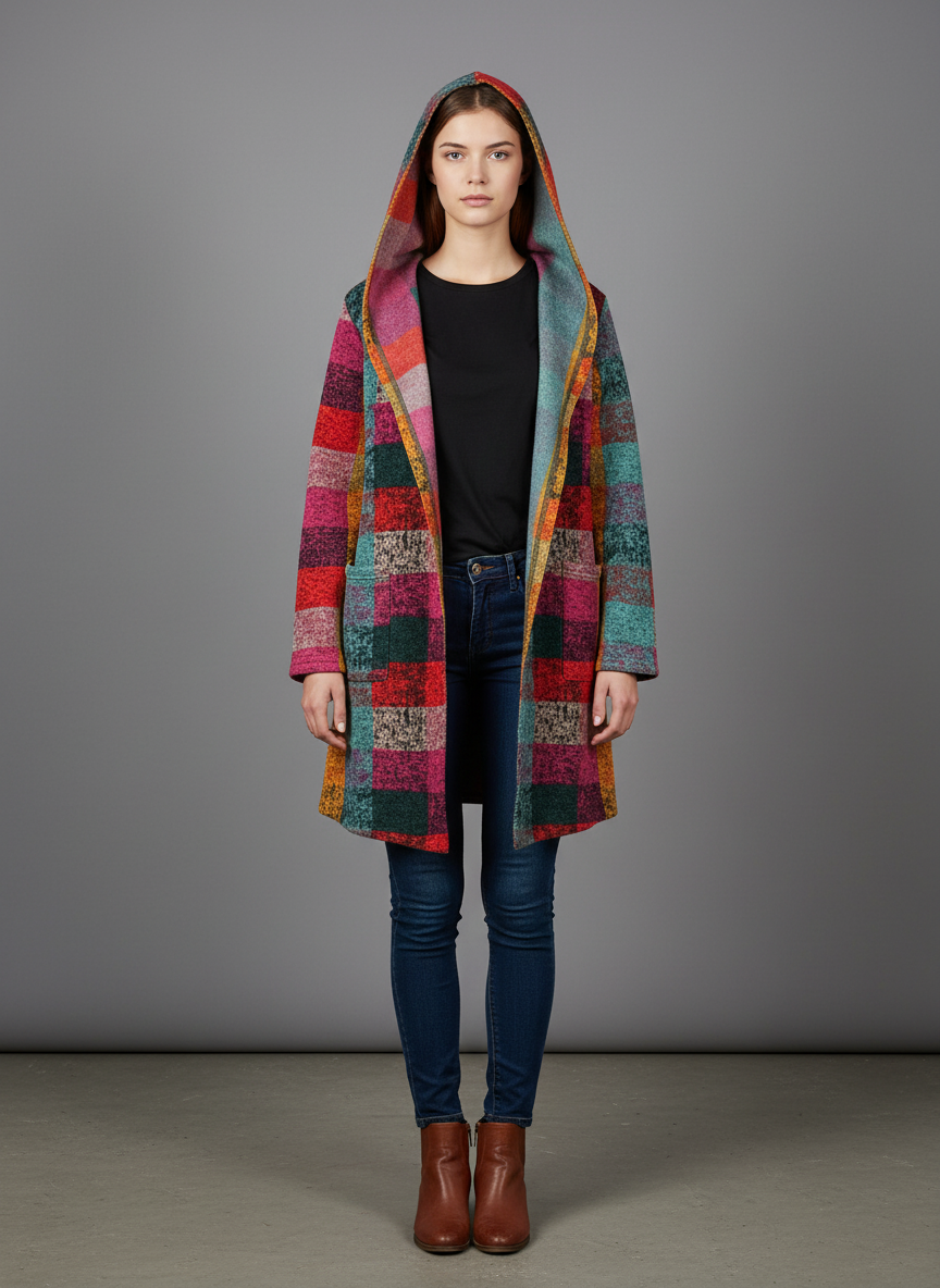 Women's Fleece Hooded Jacket - Checked Pattern, Warm, Patch Pockets Winter Jacket