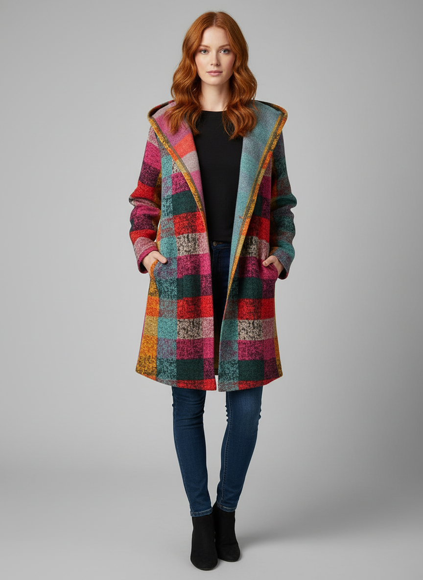 Women's Fleece Hooded Jacket - Checked Pattern, Warm, Patch Pockets Winter Jacket