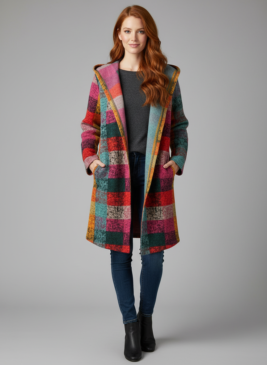 Women's Fleece Hooded Jacket - Checked Pattern, Warm, Patch Pockets Winter Jacket