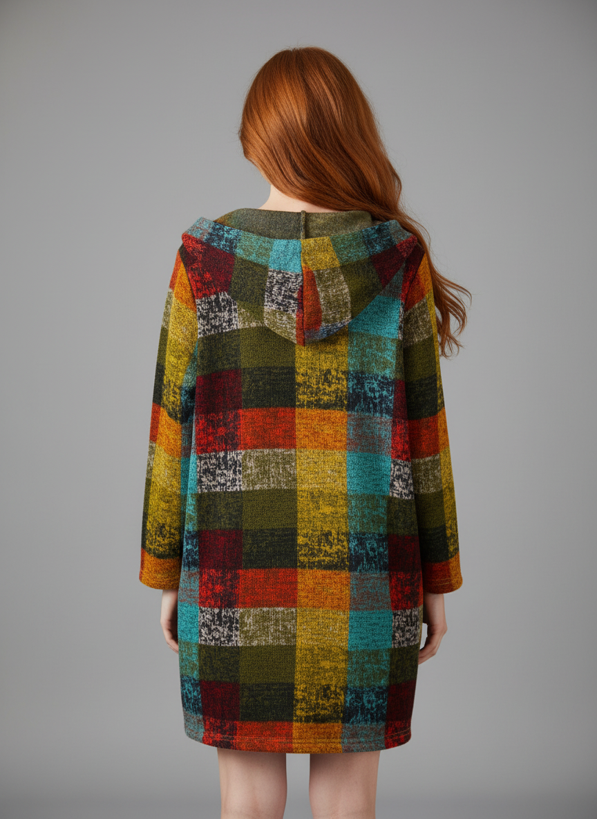 Women's Fleece Hooded Jacket - Checked Pattern, Warm, Patch Pockets Winter Jacket