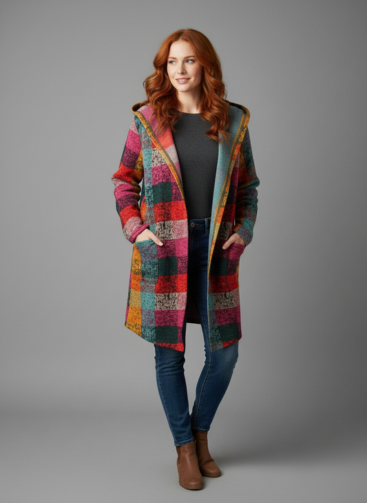 Women's Fleece Hooded Jacket - Checked Pattern, Warm, Patch Pockets Winter Jacket