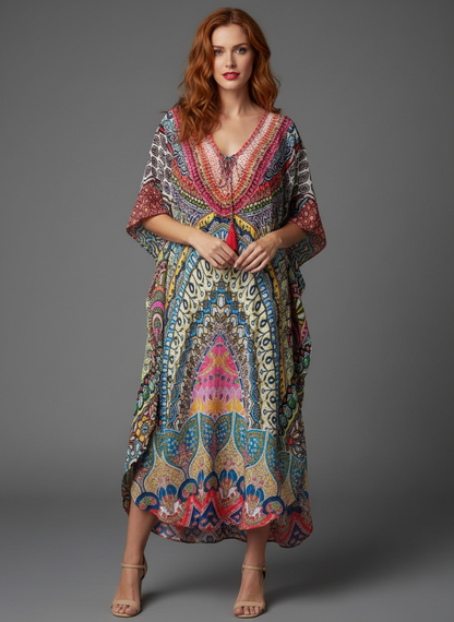 Vibrant Mandala Print Kaftan Dress | V-Neck Tassel Tie Midi Caftan