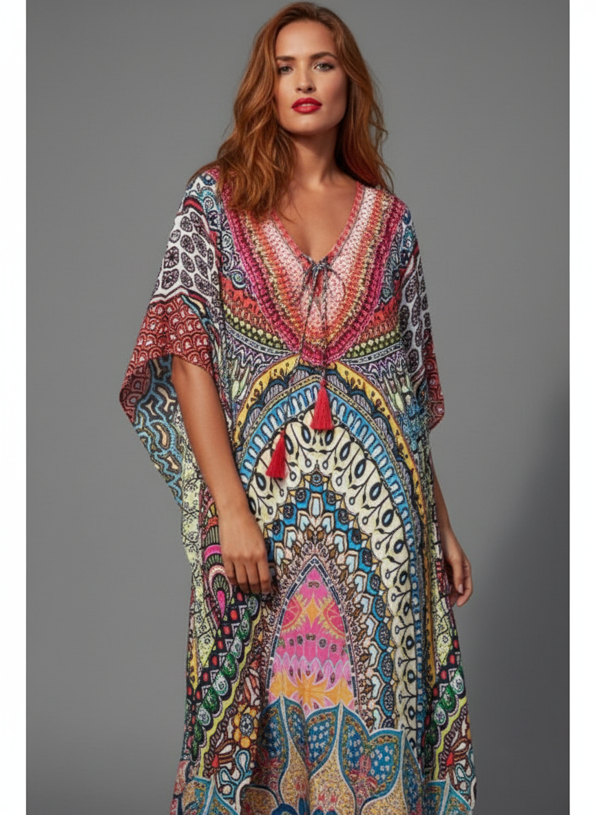 Vibrant Mandala Print Kaftan Dress | V-Neck Tassel Tie Midi Caftan